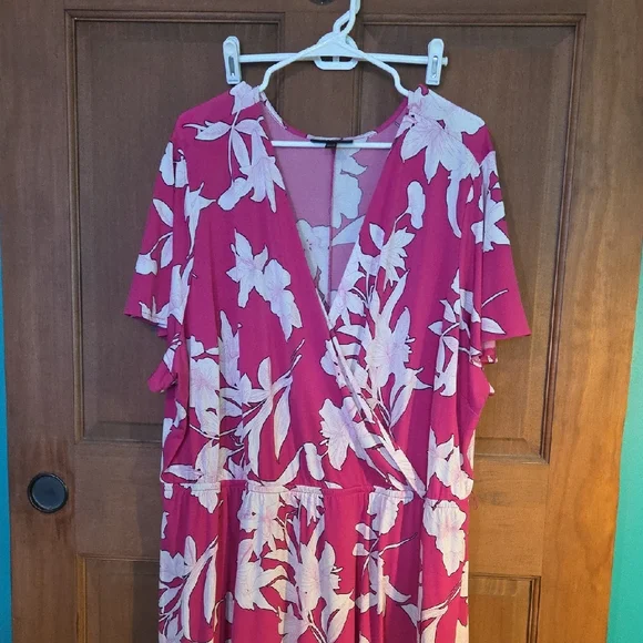 lane bryant pink floral dress LANE BRYANT BLACK PINK PURPLE FLORAL PRINT RUCHED FAUX WRAP DRESS PLUS Sz  26/28